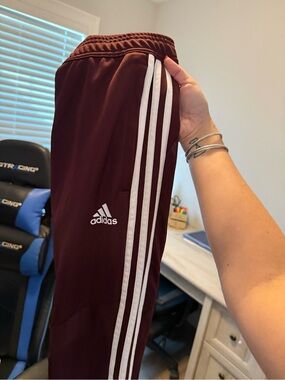 Adidas Maroon Track Pants with White Stripes